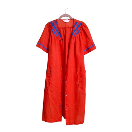 Vtg Housecoat Lindsay Jordan Button Up Robe Nightgown Red Blue Sz M Made In USA
