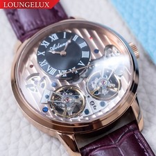 Mens Double Flywheel Luxury Bling Skeleton Automatic Mechanical Leather Watch