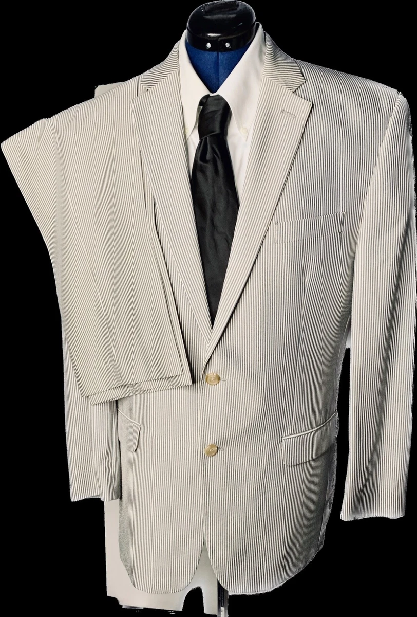 Lauren Ralph Lauren Seersucker Suit Mens 44L Pants 35x30 Blue White Stripe 2 PC