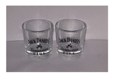 Lot of 2 JACK DANIELS Tennessee Fire Logo 2 oz Round Shot Glasses Heavy Bottom 