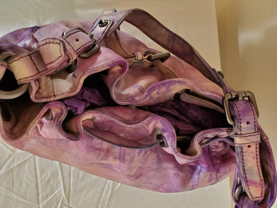 KOOBA Hobo Handbag bucket bag Purse purple pink white blue tie dyed tote cowgirl - Image 3 of 4