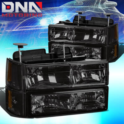 FOR 1994-2000 GMC GMT400 C10 C/K PAIR SMOKED HOUSING HEADLIGHT+AMBER CORNER