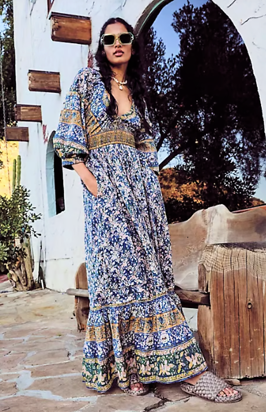 FREE PEOPLE 'Golden Hour' Border Maxi Dress - SMALL - Blue Yellow Combo  RRP158 | eBay