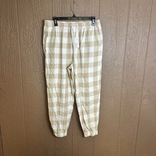 Old Navy Pajama Joggers Gingham Plaid Beige Cozy Sz L 100 Cotton Elastic Waist