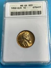 1952 D/D Lincoln Wheat Cent MS64 RED ANACS Old Holder