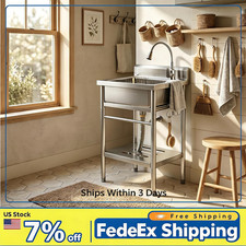 Freestanding Stainless Steel Utility Sink w/ Faucet, Single Bowl Laundry Deep