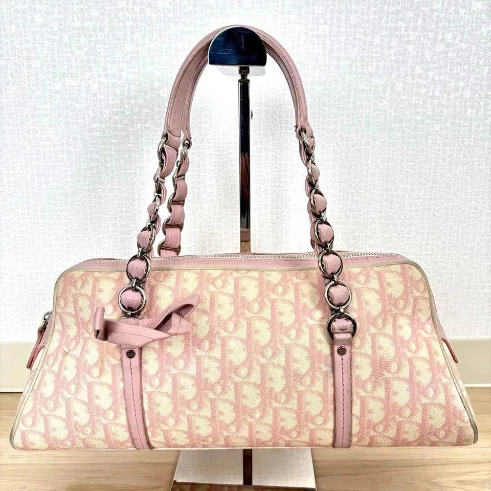 Christian Dior Trotter Ribbon Mini Boston Bag Handbag PVC Leather Pink Vintage - Image 2 of 4