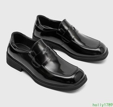 British Loafers Men's Business Square Toe Dress Formal Shiny Leather Shoes Chic