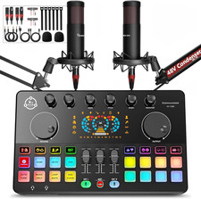 Podcast Equipment Bundle for 2, Audio Interface DJ Mixer with 48V XLR Condenser