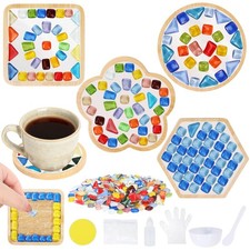 4 Sets DIY Glass Mosaic Tiles with Bamboo Coasters with Multi Shape Bamboo Co...