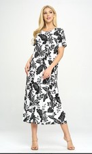 JOSTAR Slinky LONG DRESS Poly Spandex Knit Black White FLORAL S M L XL 2X 3X