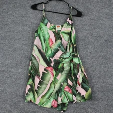 Farm Rio Dress XS Pink Palms Mini Wrap Tie Green Leaf Tropical Print Boho Resort