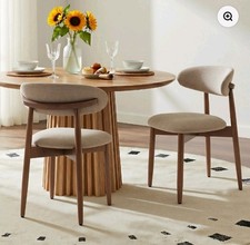 Set of 2 Solid Wood Upholstered Dining Chairs - Ergonomic Curved Back, Beige/Cam