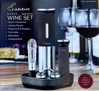 Rabbit 8 Piece Electric Wine Set Corkscrew Aerator Pourer Stoppers Base