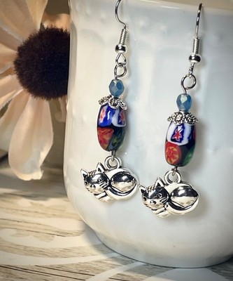 Cute Cat Silver-tone earrings dangle fishhook,vintage style trade beads