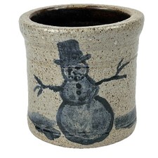 Primitive Snowman 3" Pottery Crock Cobalt Blue  2017 Signed
