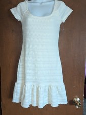 Free People Dress White S Knit Short Cap Sleeve Scoop Neck Ruffle A-Line