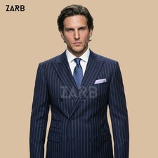 Navy Pinstripe Double Breasted Suit   Men  s Bespoke Business  Wedding Suit