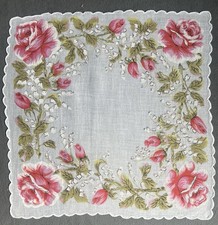  162 Vintage Printed Handkerchief Pinkish-Red Roses Scalloped Edge