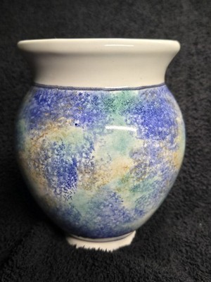 Signed Studio Pottery Cachepot Blue Aqua Abstract Sponge Glaze Art Pot 5.5''