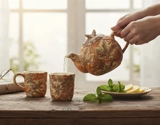 Rare Ceramic Teapot with Lid & 2 Mugs Embossed Autumn Leaves Coffee Tea Set