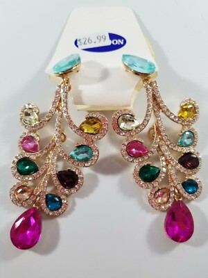 DAZZLING MULTI COLOR RHINESTONES CHANDELIER EARRINGS NEW