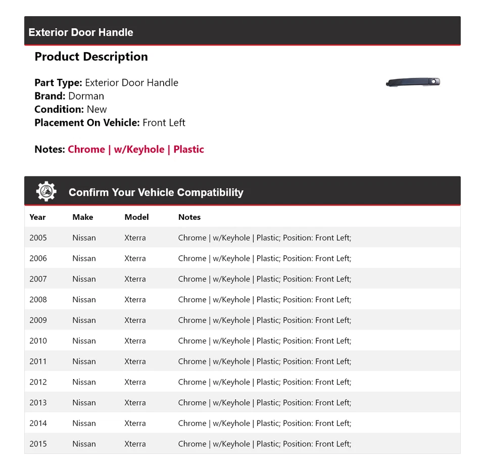 Передняя левая наружная дверная ручка для Nissan Xterra Dorman 2005-2015 годов выпуска 2006 2007 годов выпуска - Изображение 2 из 4