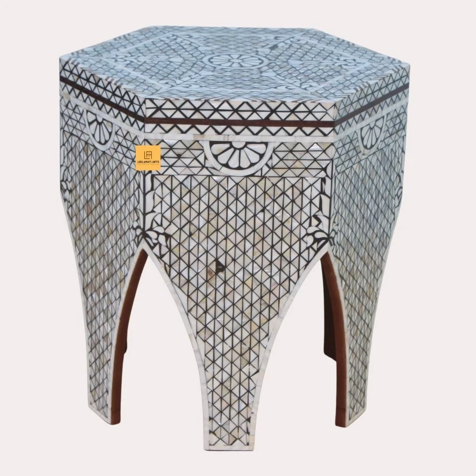 Hexagon Moroccan Floral Design Wooden Antique Side Table Stool - Image 4 of 4