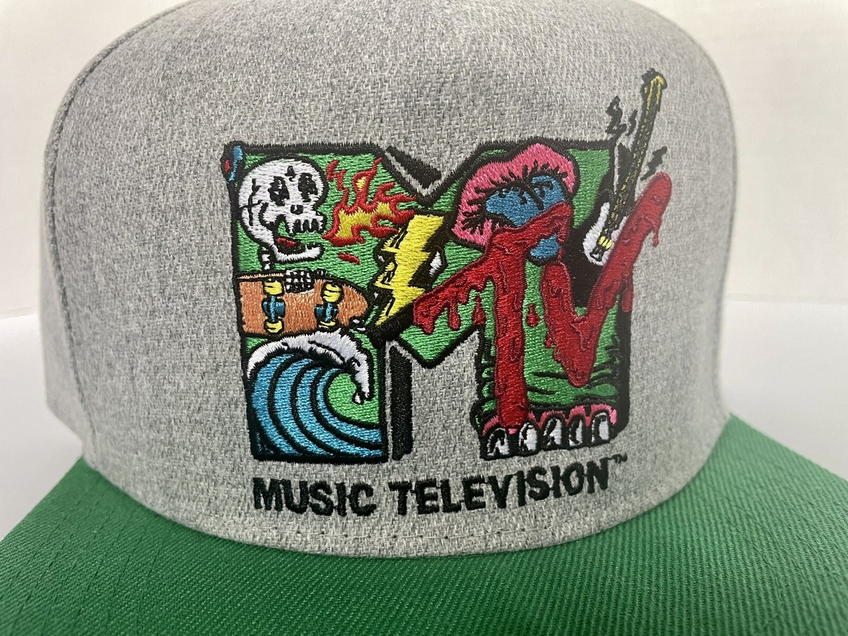 New MTV Baseball Cap Gray Green Music Television Logo 80s Flat