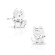 Sterling Silver Kitty Cat Stud Earrings with Cubic Zirconia