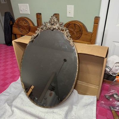 Vintage Antique 21 Inch Oval Mirror With Intricate Cast Iron/Brass Design At Top