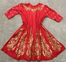 Vtg Size 12 Loveleen Bohemian Rhinestones Embroidered Red Gold Tunic Flowy Dress