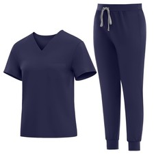 V-Neck Women Cool Nurse Uniform Suit Women Medical Scrubs Top and Pant Dark Blue