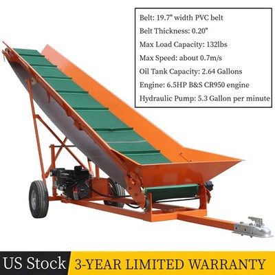 Firewood Conveyor 6.5HP 208cc Gasoline Powered 19.7''W Wood Conveyor w/B&S Engine