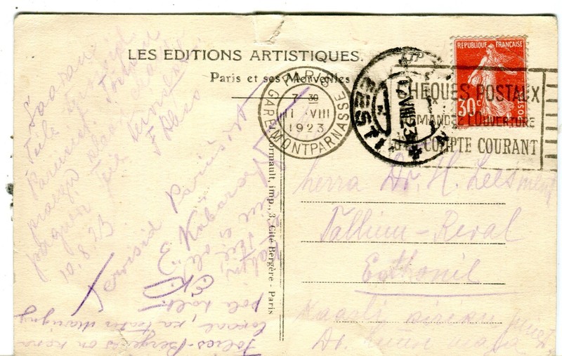 1923 Cover Paris France to Tallinn Estonia on postcard
