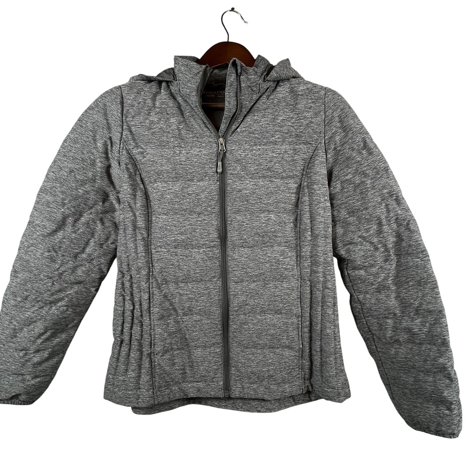 Heatkeep Mens Medium Quilted Puffer Jacket Down Feather Insulated Hooded Gray
