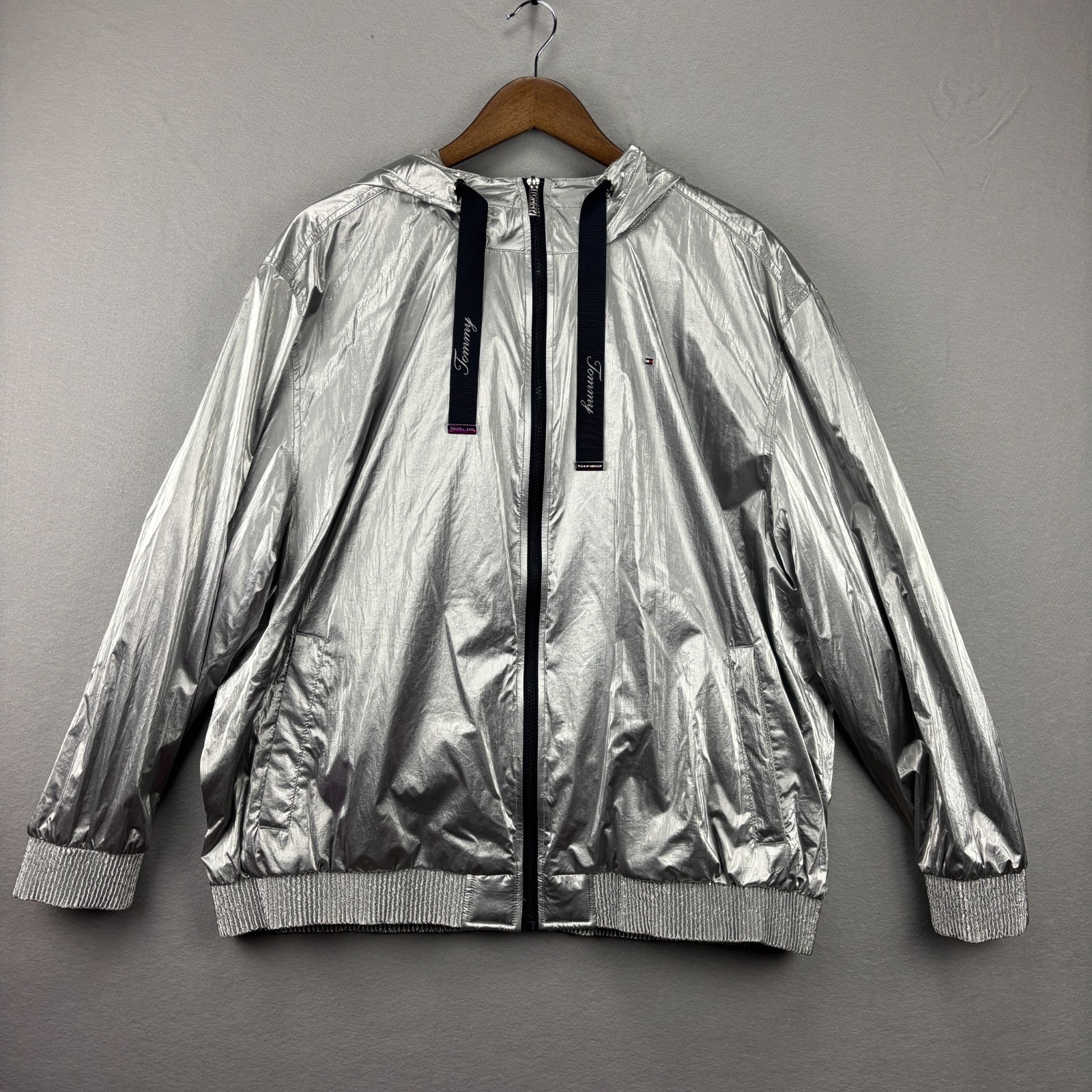 Tommy Hilfiger Metallic Silver Hooded Windbreaker Jacket Women's XL Full Zip
