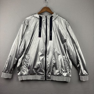 Tommy Hilfiger Metallic Silver Hooded Windbreaker Jacket Women's XL Full Zip