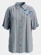 Liz & Me 2X Button Down Short Sleeve Shirt Striped Embroidered Flower NWT