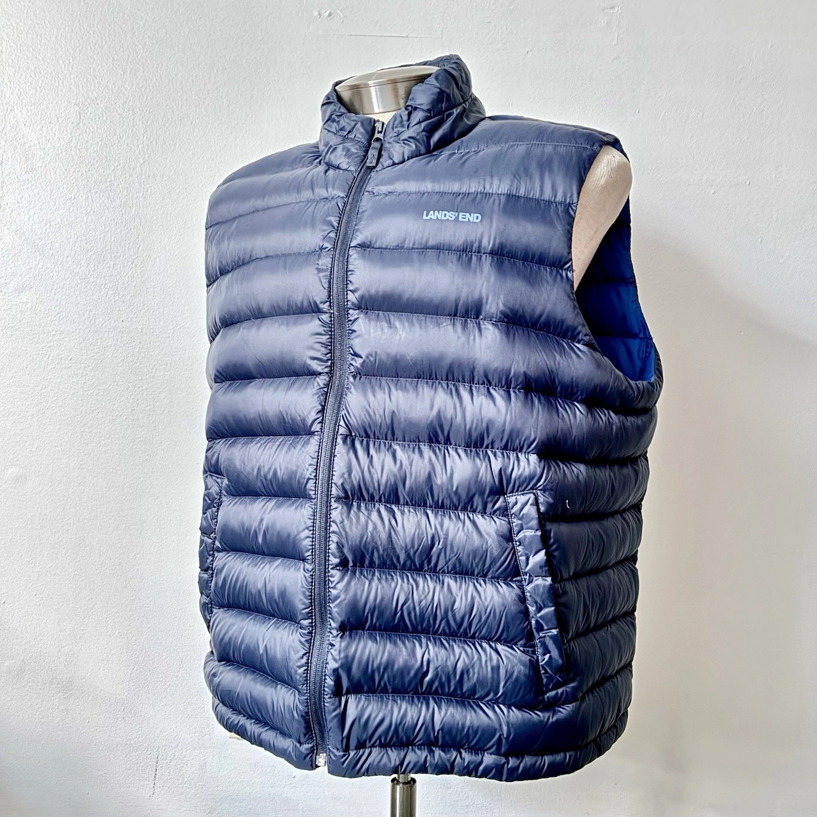 Lands End Puffer Vest Full Zip Down Fill Mock Neck Blue Extra Large XL Org. $128