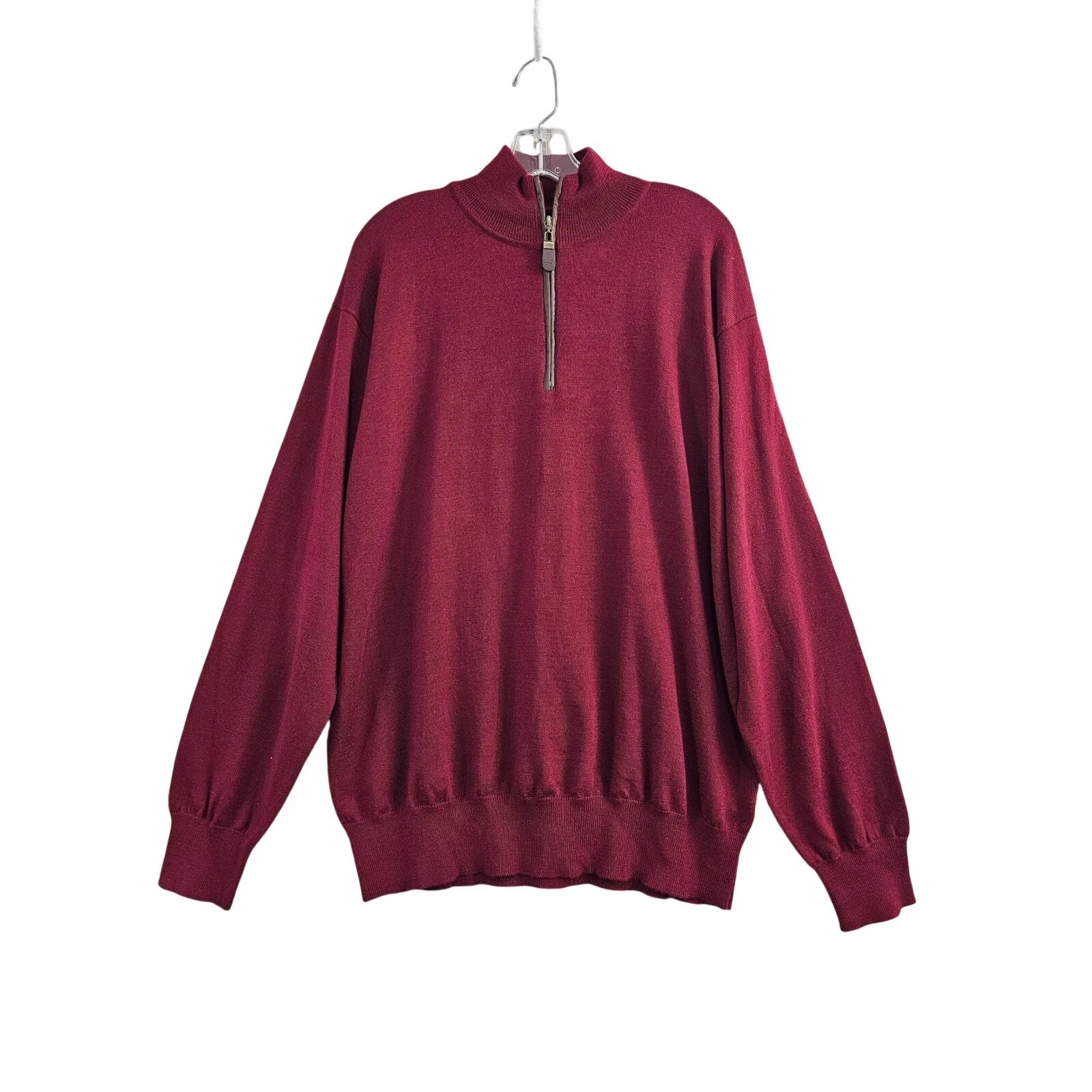 Orvis Sweater 100% Merino Wool Mns Large Burgundy Quarter Zip Mock Neck Pullover