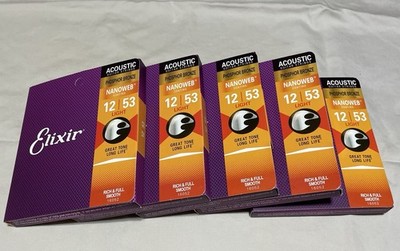 Elixir Nanoweb Phosphor Bronze Coated Acoustic Guitar Strings Light 12-53 5 Pack