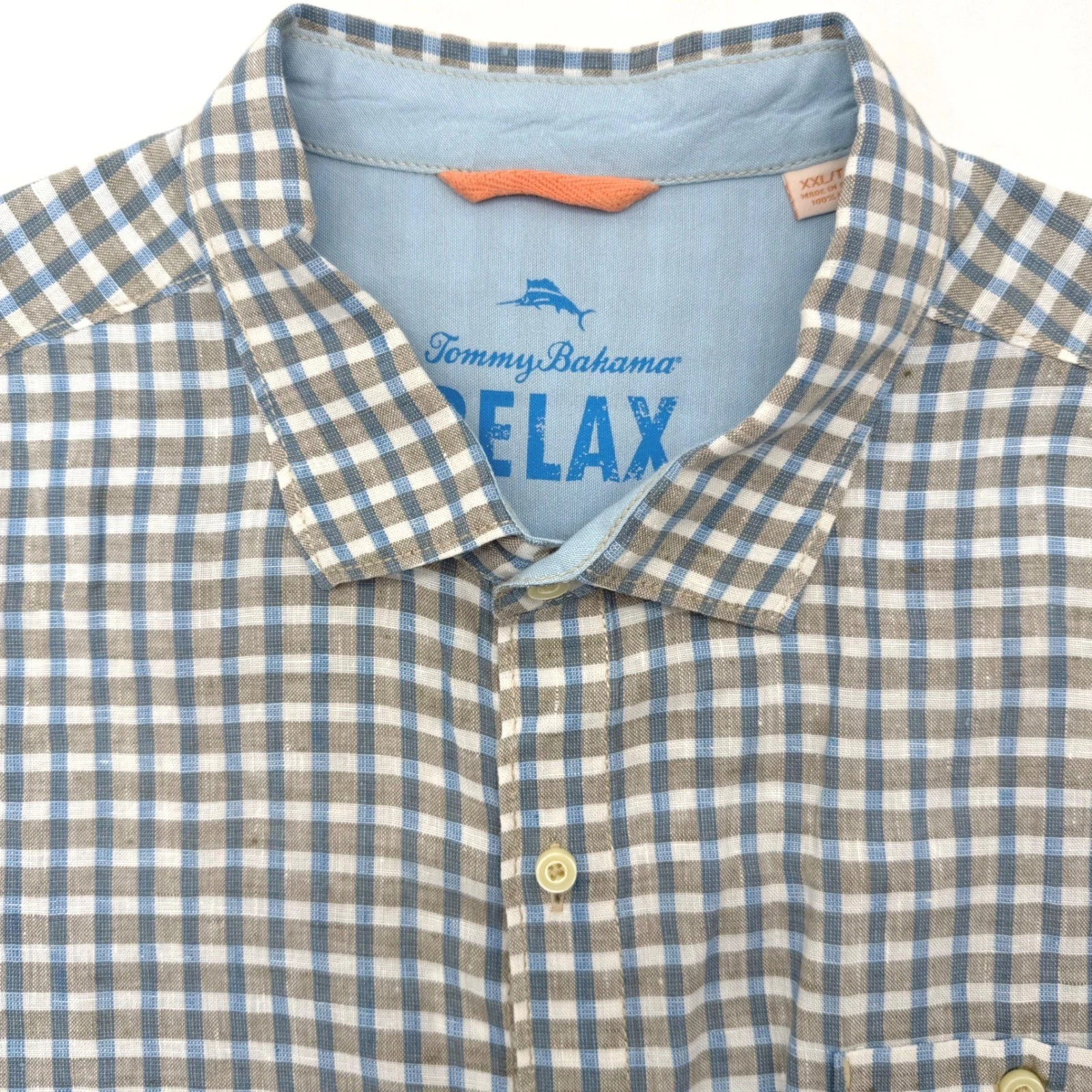 Tommy Bahama Button Front Mens XXL Blue Gingham 100% Linen Relax Shirt Beach