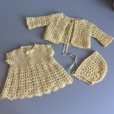 Doll Clothes Vintage Style yellow dress cardigan bonnet Fit baby 10'' 12''