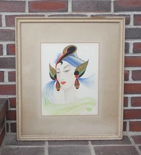 Vintage Mid Century 1940's Art Nouveau Deco Portrait Watercolor Painting Signed