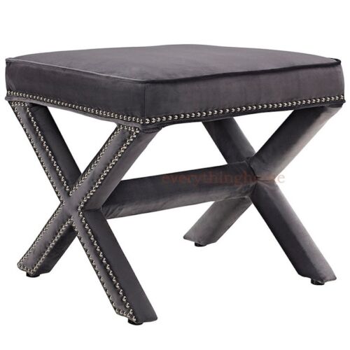 Hallway Bedroom Bench Stool Ottoman Nail Head Trim Black, Gray, Blue, White - Picture 4 of 31