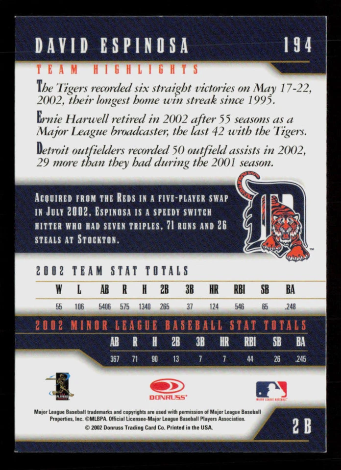David Espinosa 2003 Donruss Team Heroes #194 Detroit Tigers Baseball Card - Image 2 of 2