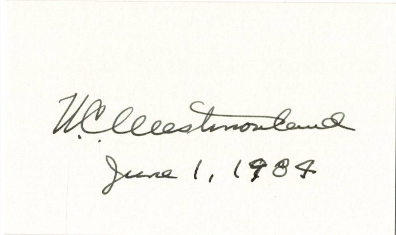 William C. Westmoreland signed autographed index card AMCo COA 19880