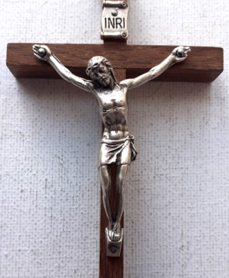 Oak Wood Crucifix Jesus On Cross INRI Metal Figure Simple 11" Made In Germany - Foto 8