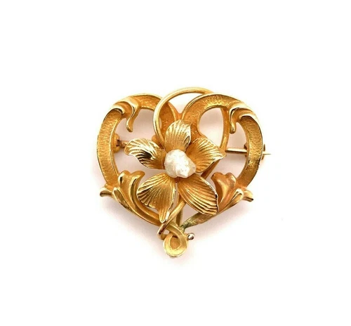 10k Yellow Gold Art Nouveau Watch Pin Flower with Pearl (#J5466)